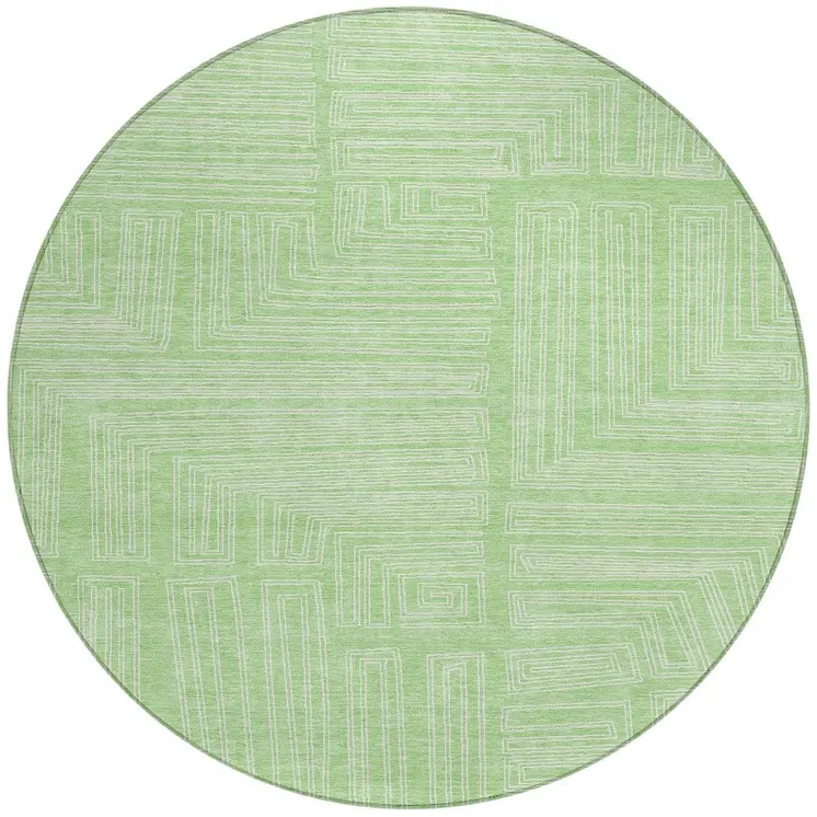 8' Mint Green And Ivory Round Geometric Washable Indoor Outdoor Area Rug