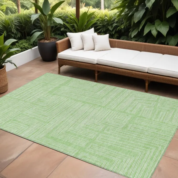 10' X 14' Mint Green And Ivory Geometric Washable Indoor Outdoor Area Rug