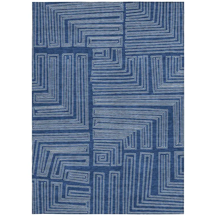 5' X 8' Navy Blue And Ivory Geometric Washable Indoor Outdoor Area Rug