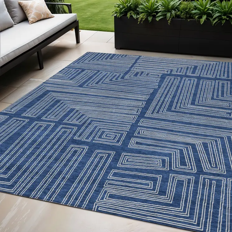 5' X 8' Navy Blue And Ivory Geometric Washable Indoor Outdoor Area Rug