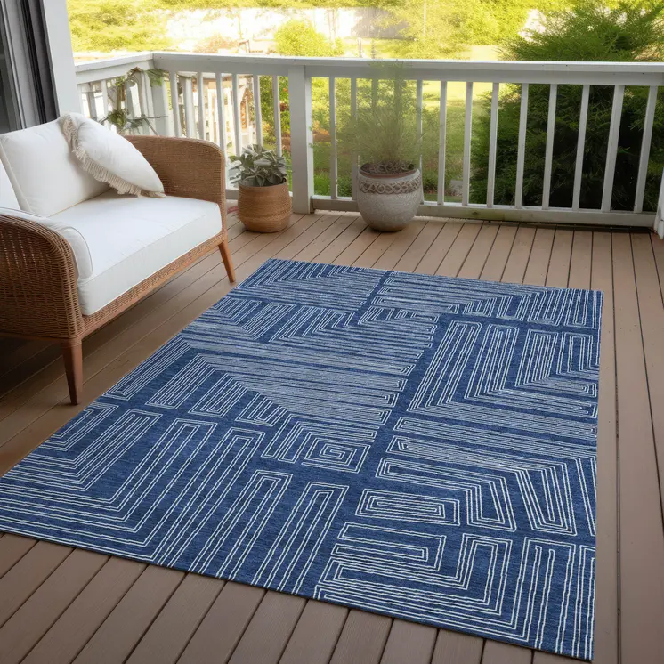 5' X 8' Navy Blue And Ivory Geometric Washable Indoor Outdoor Area Rug