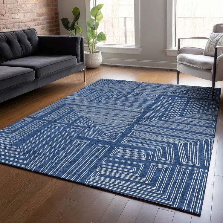 5' X 8' Navy Blue And Ivory Geometric Washable Indoor Outdoor Area Rug