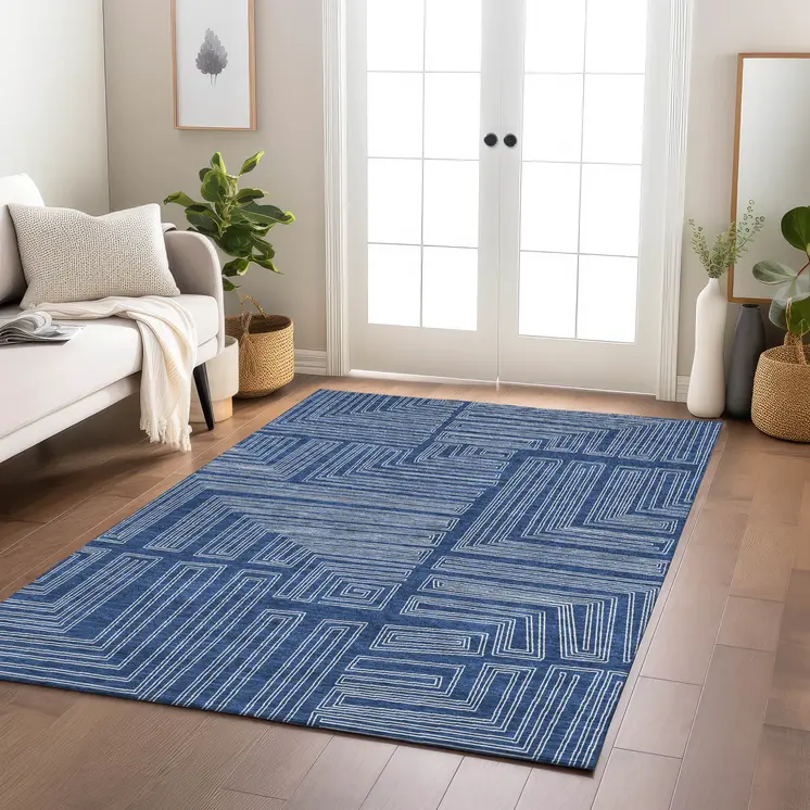 5' X 8' Navy Blue And Ivory Geometric Washable Indoor Outdoor Area Rug