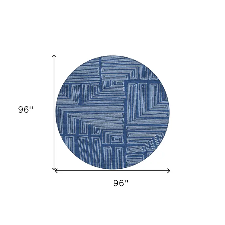 8' Navy Blue And Ivory Round Geometric Washable Indoor Outdoor Area Rug