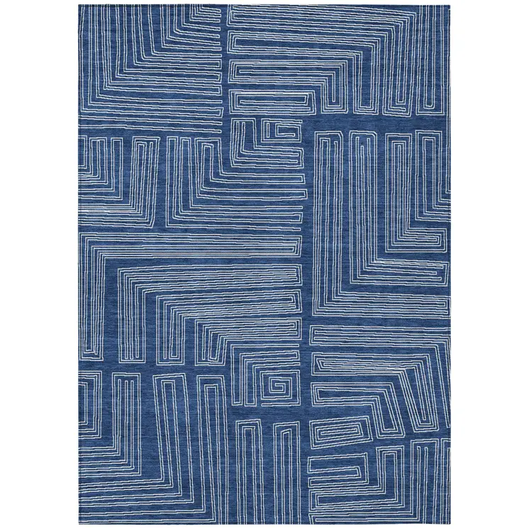 8' X 10' Navy Blue And Ivory Geometric Washable Indoor Outdoor Area Rug