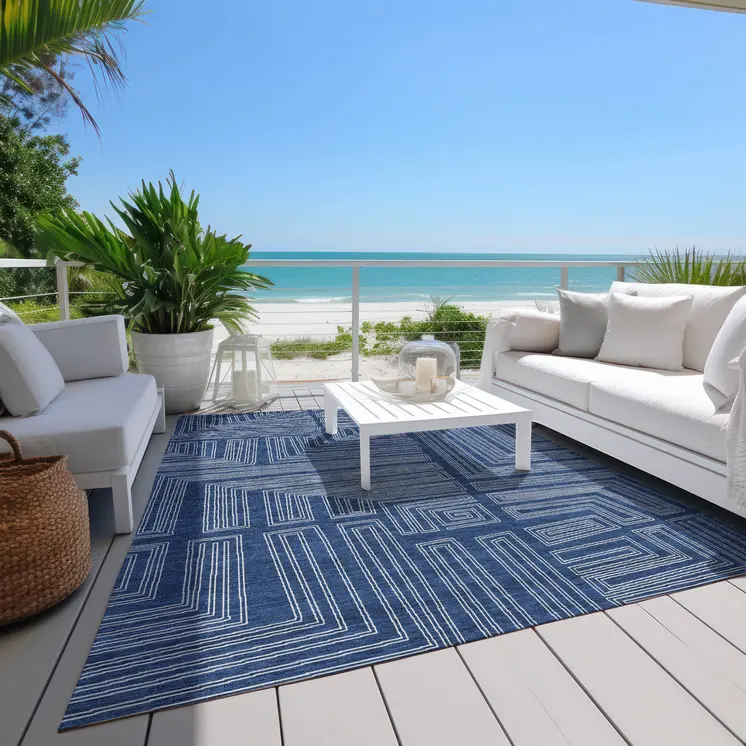 8' X 10' Navy Blue And Ivory Geometric Washable Indoor Outdoor Area Rug