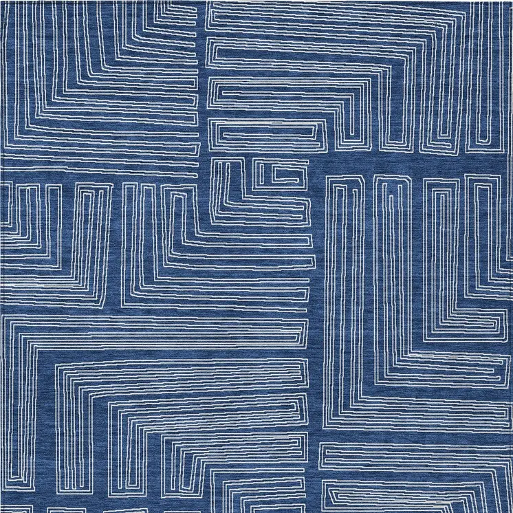 9' X 12' Navy Blue And Ivory Geometric Washable Indoor Outdoor Area Rug