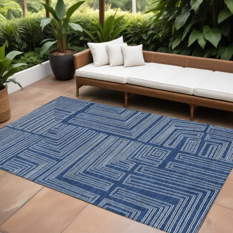 10' X 14' Navy Blue And Ivory Geometric Washable Indoor Outdoor Area Rug