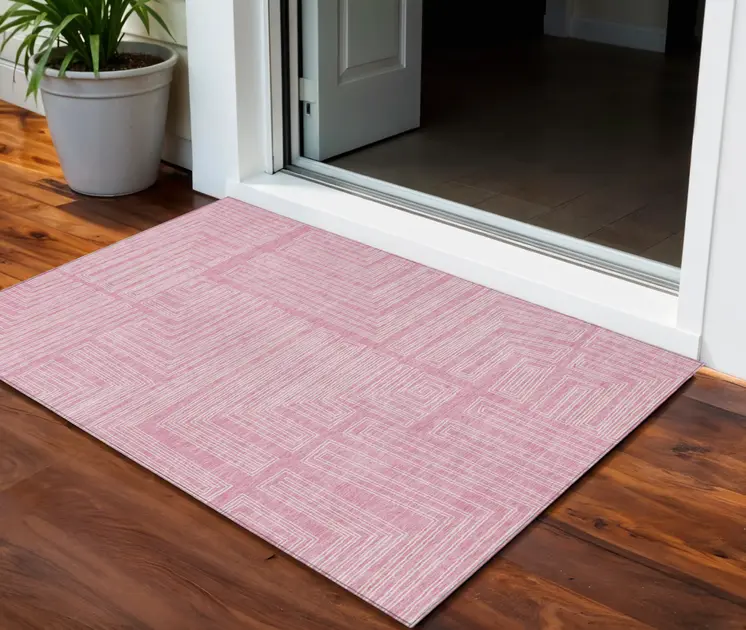 3' X 5' Pink And Ivory Geometric Washable Indoor Outdoor Area Rug