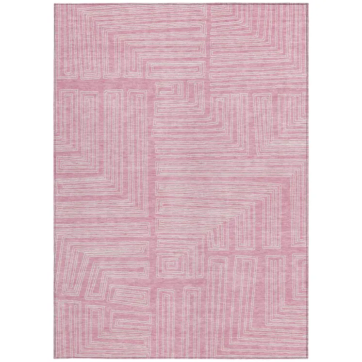 5' X 8' Pink And Ivory Geometric Washable Indoor Outdoor Area Rug