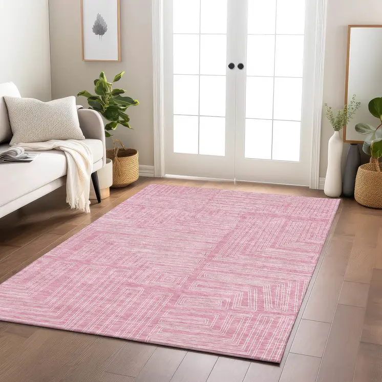 5' X 8' Pink And Ivory Geometric Washable Indoor Outdoor Area Rug