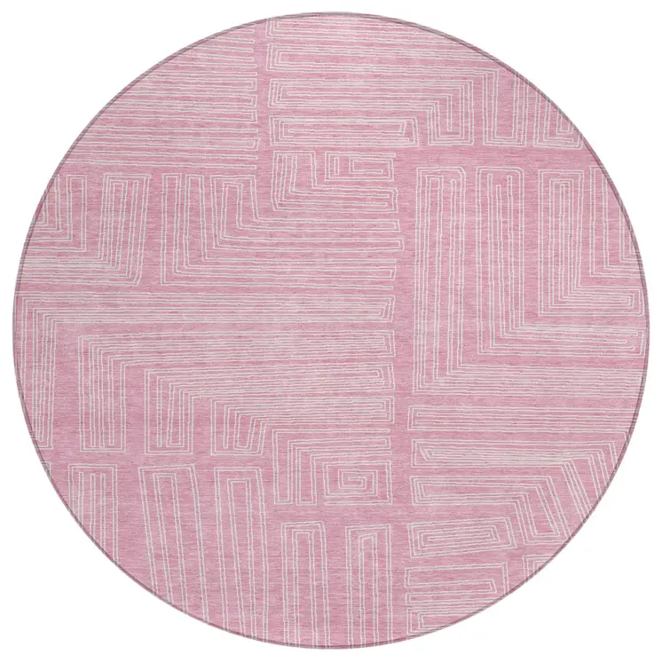 8' Pink And Ivory Round Geometric Washable Indoor Outdoor Area Rug