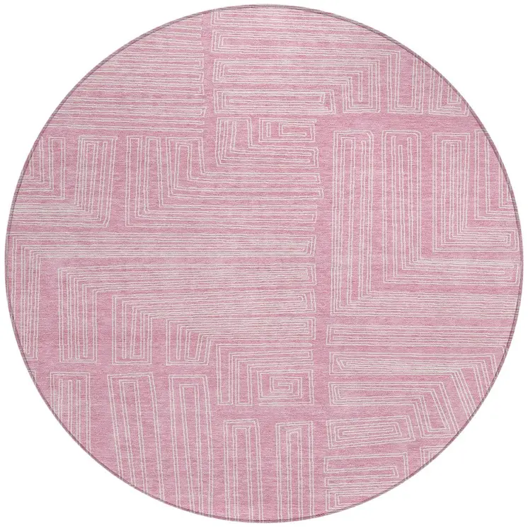 8' Pink And Ivory Round Geometric Washable Indoor Outdoor Area Rug