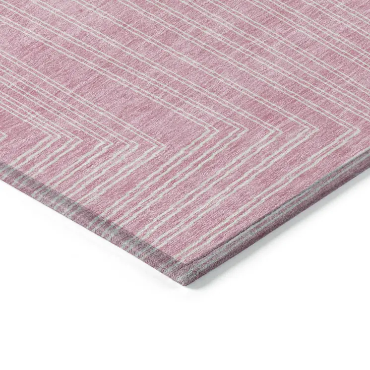 8' Pink And Ivory Round Geometric Washable Indoor Outdoor Area Rug