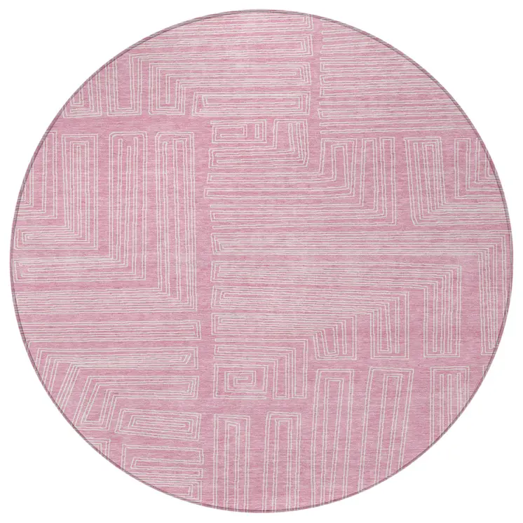 8' Pink And Ivory Round Geometric Washable Indoor Outdoor Area Rug