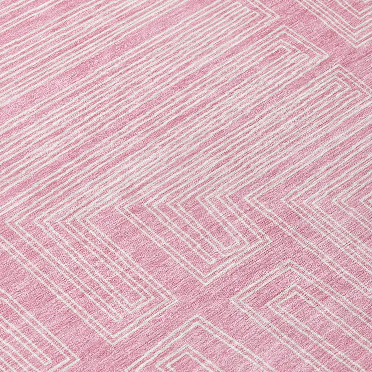8' Pink And Ivory Round Geometric Washable Indoor Outdoor Area Rug