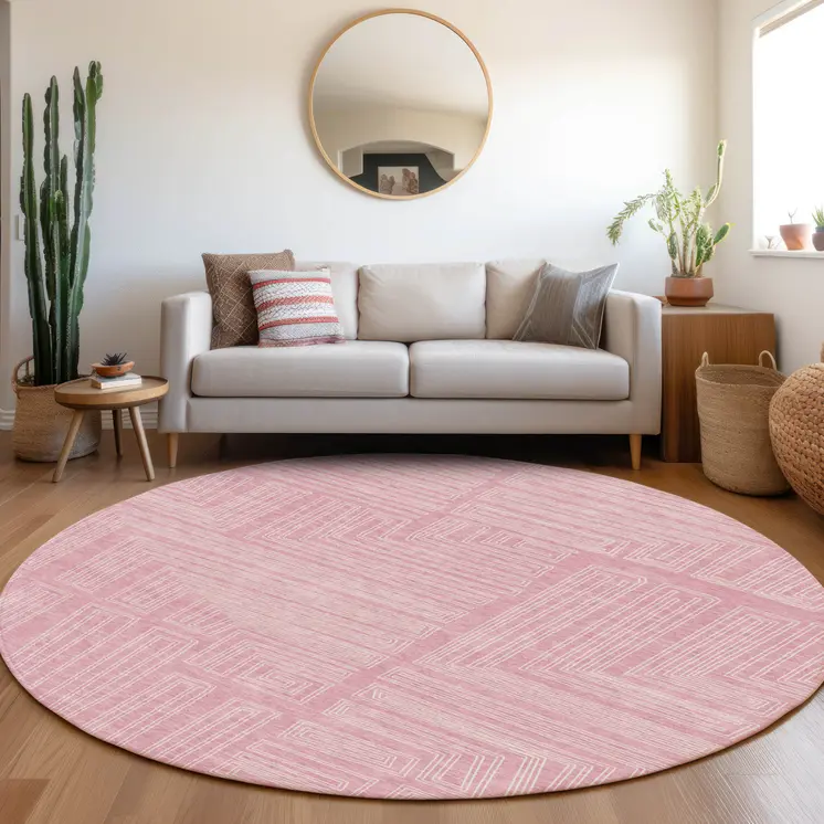 8' Pink And Ivory Round Geometric Washable Indoor Outdoor Area Rug