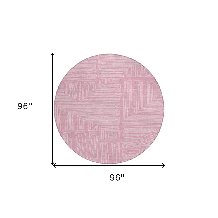 8' Pink And Ivory Round Geometric Washable Indoor Outdoor Area Rug