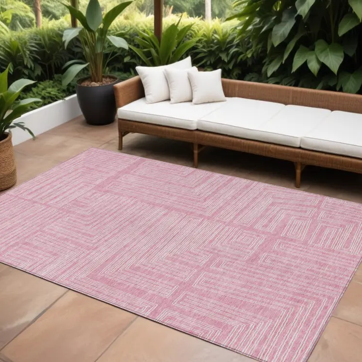 8' X 10' Pink And Ivory Geometric Washable Indoor Outdoor Area Rug