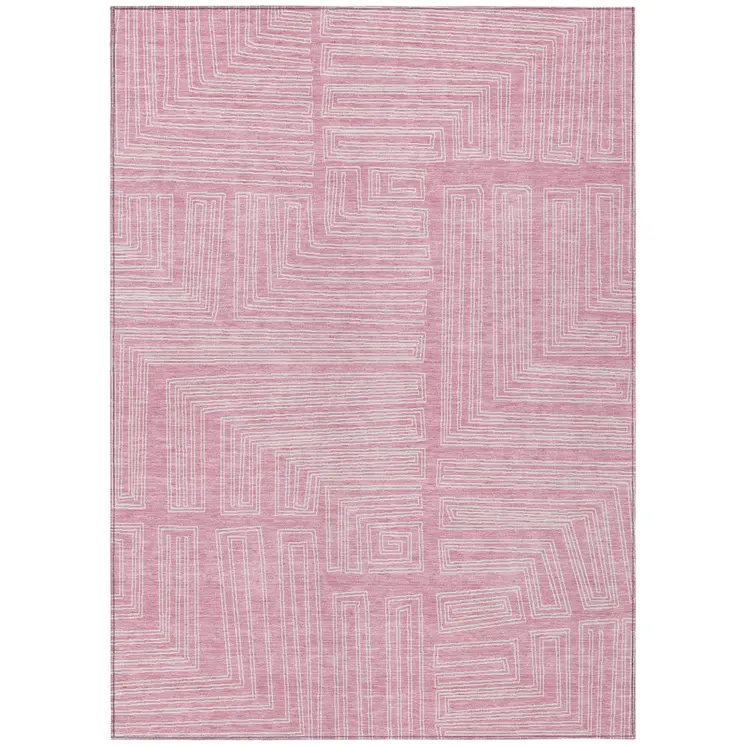 8' X 10' Pink And Ivory Geometric Washable Indoor Outdoor Area Rug