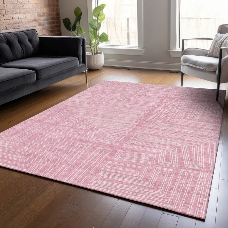 8' X 10' Pink And Ivory Geometric Washable Indoor Outdoor Area Rug
