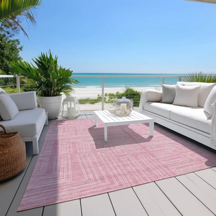 8' X 10' Pink And Ivory Geometric Washable Indoor Outdoor Area Rug