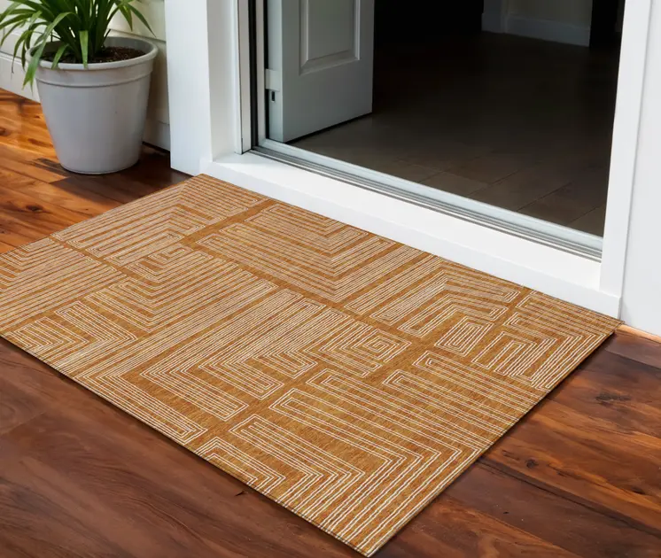 3' X 5' Copper And Ivory Geometric Washable Indoor Outdoor Area Rug
