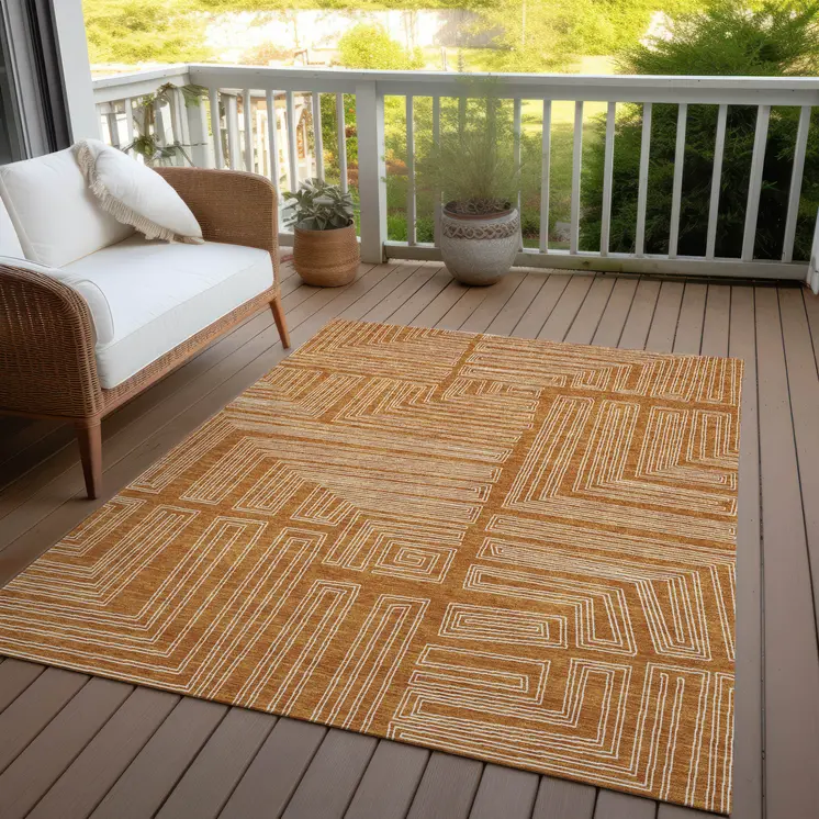 5' X 8' Copper And Ivory Geometric Washable Indoor Outdoor Area Rug