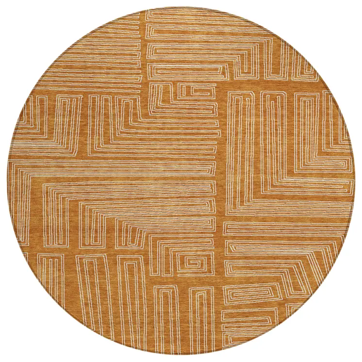 8' Copper And Ivory Round Geometric Washable Indoor Outdoor Area Rug