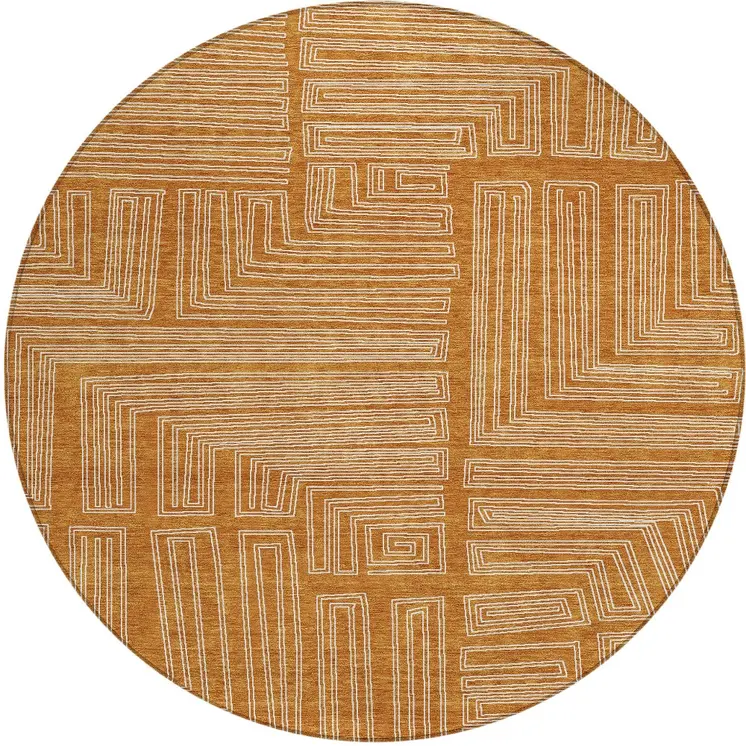 8' Copper And Ivory Round Geometric Washable Indoor Outdoor Area Rug