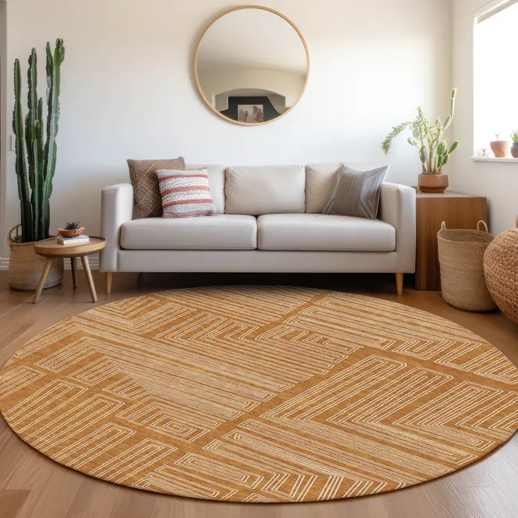 8' Copper And Ivory Round Geometric Washable Indoor Outdoor Area Rug
