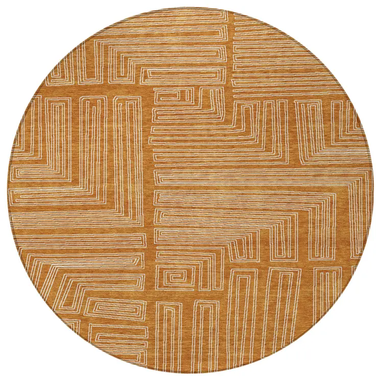 8' Copper And Ivory Round Geometric Washable Indoor Outdoor Area Rug