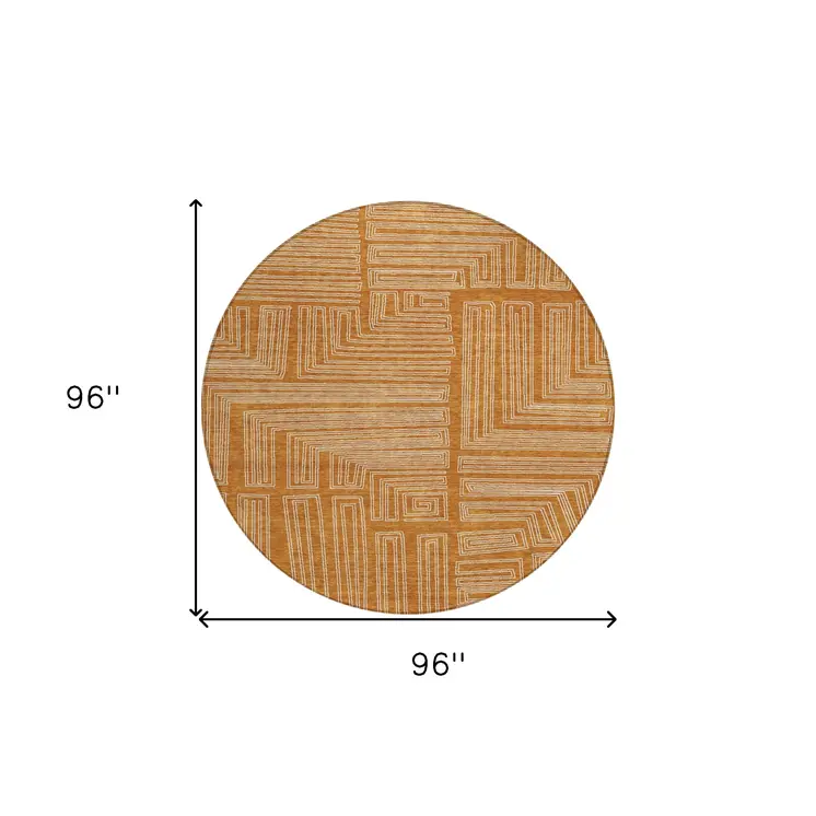 8' Copper And Ivory Round Geometric Washable Indoor Outdoor Area Rug