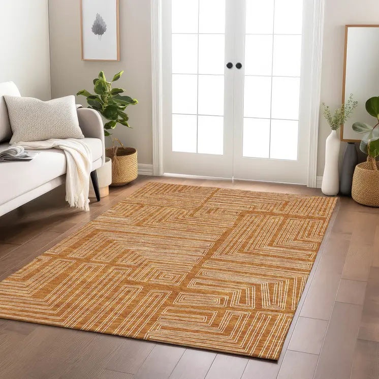 9' X 12' Copper And Ivory Geometric Washable Indoor Outdoor Area Rug