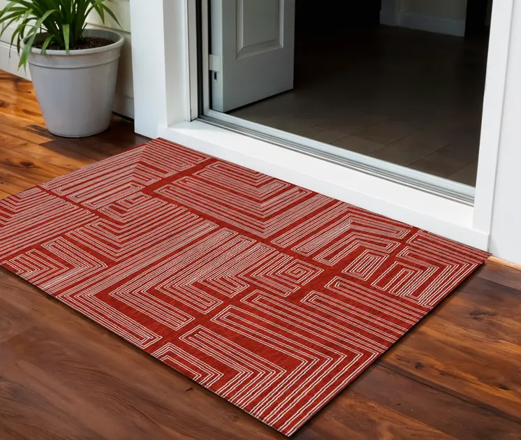 3' X 5' Red And Ivory Geometric Washable Indoor Outdoor Area Rug