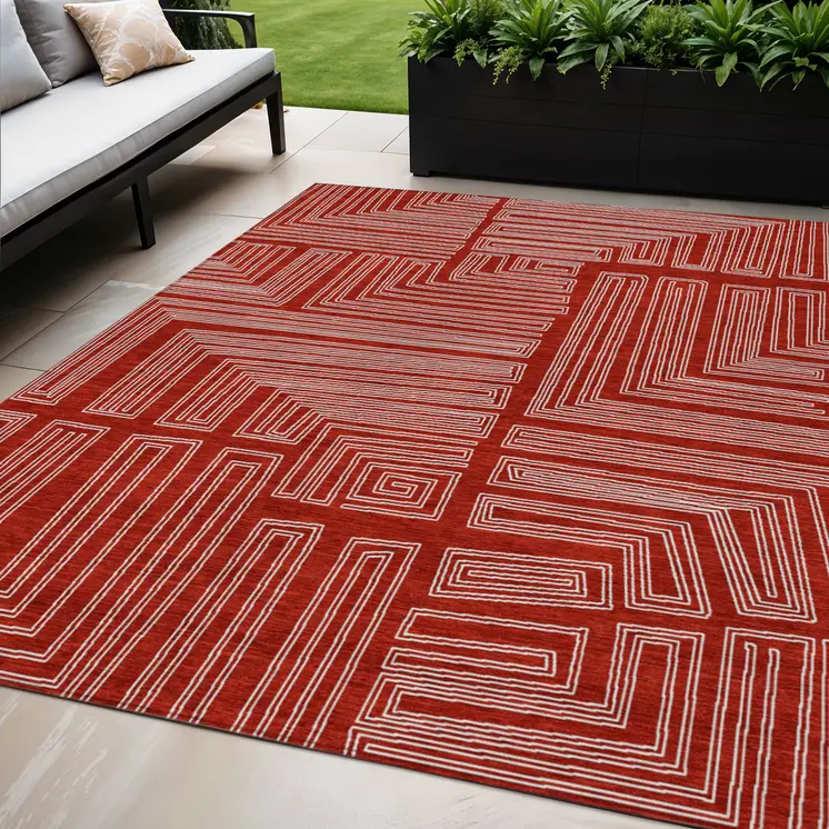 5' X 8' Red And Ivory Geometric Washable Indoor Outdoor Area Rug