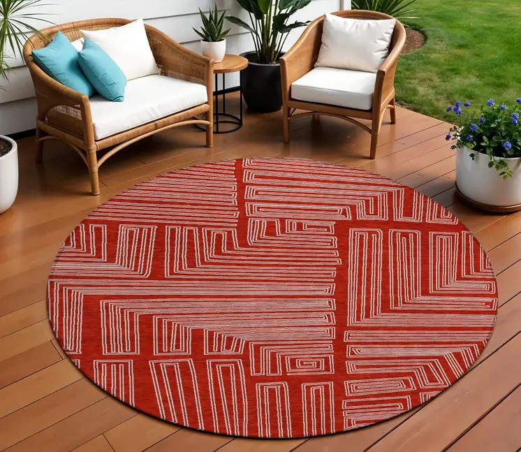 8' Red And Ivory Round Geometric Washable Indoor Outdoor Area Rug