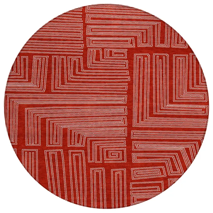 8' Red And Ivory Round Geometric Washable Indoor Outdoor Area Rug