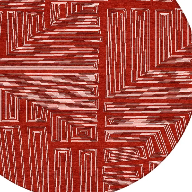 8' Red And Ivory Round Geometric Washable Indoor Outdoor Area Rug