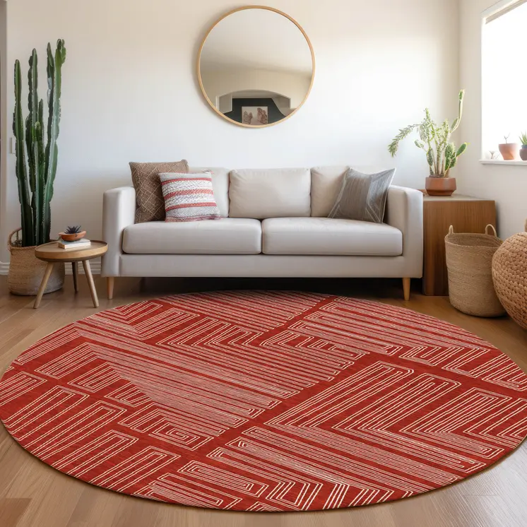 8' Red And Ivory Round Geometric Washable Indoor Outdoor Area Rug