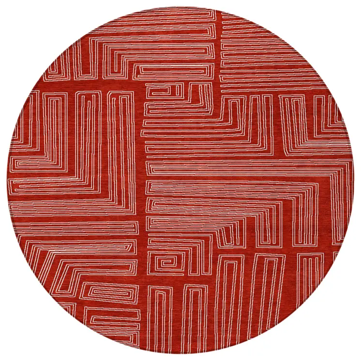 8' Red And Ivory Round Geometric Washable Indoor Outdoor Area Rug