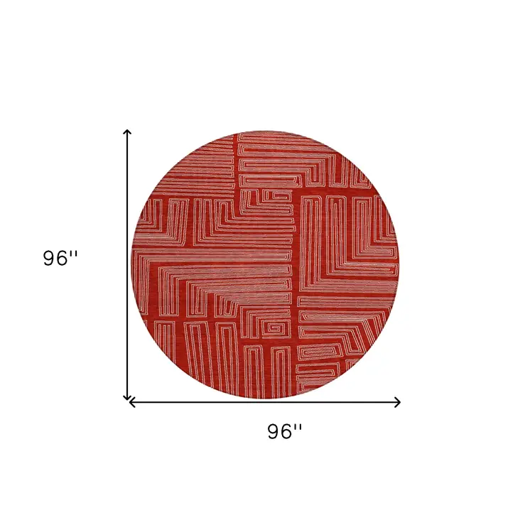 8' Red And Ivory Round Geometric Washable Indoor Outdoor Area Rug