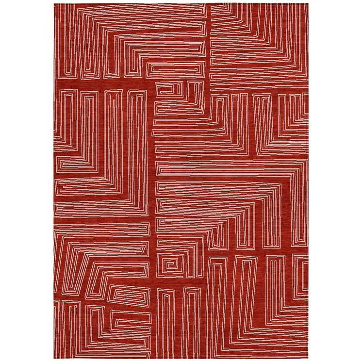 8' X 10' Red And Ivory Geometric Washable Indoor Outdoor Area Rug