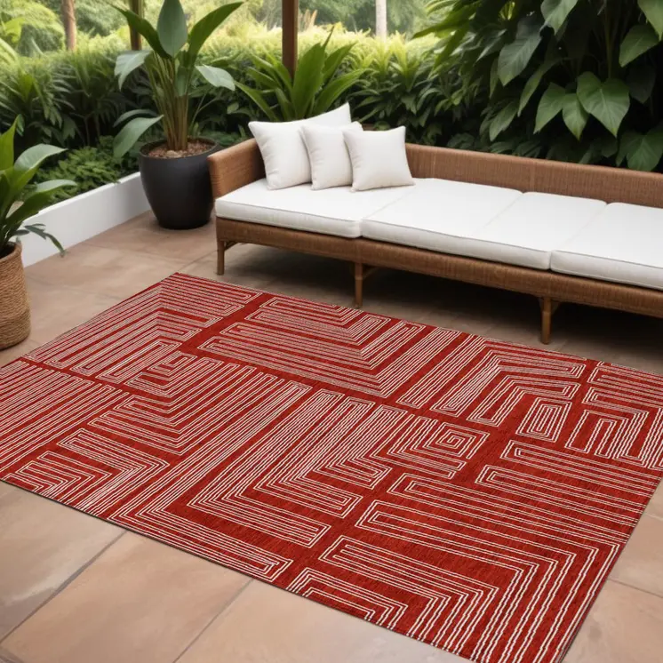 10' X 14' Red And Ivory Geometric Washable Indoor Outdoor Area Rug