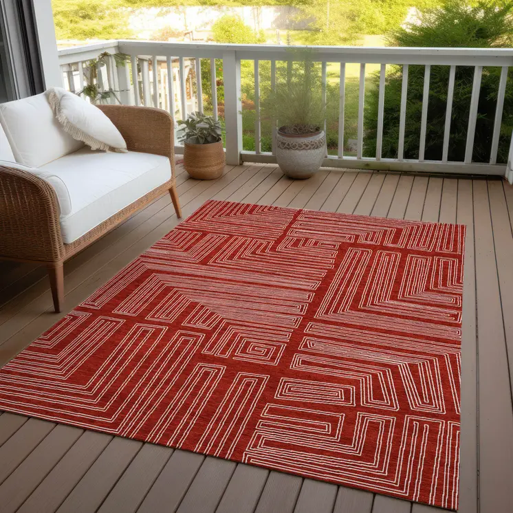 10' X 14' Red And Ivory Geometric Washable Indoor Outdoor Area Rug