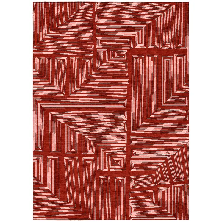 10' X 14' Red And Ivory Geometric Washable Indoor Outdoor Area Rug
