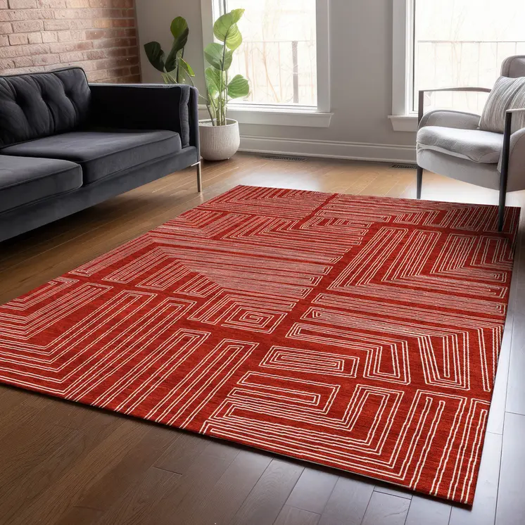 10' X 14' Red And Ivory Geometric Washable Indoor Outdoor Area Rug