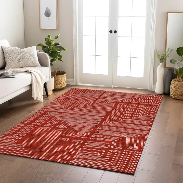 10' X 14' Red And Ivory Geometric Washable Indoor Outdoor Area Rug