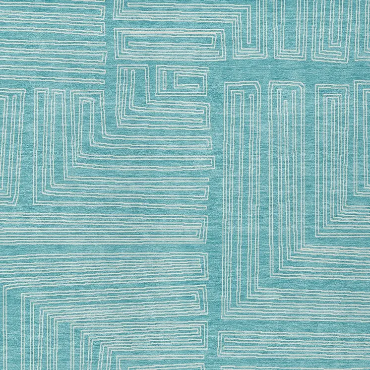 3' X 5' Turquoise And Ivory Geometric Washable Indoor Outdoor Area Rug