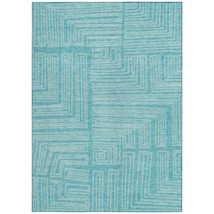 9' X 12' Turquoise And Ivory Geometric Washable Indoor Outdoor Area Rug